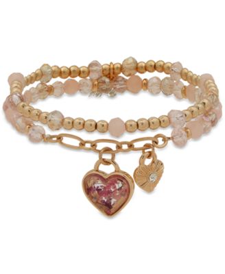 lonna & lilly - Gold-Tone Heart Charm Mixed Bead Double-Row Stretch Bracelet