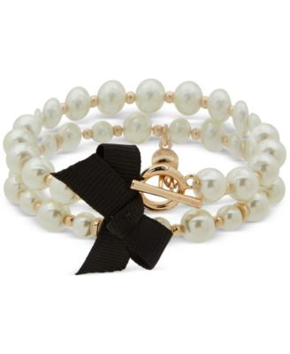 Anne Klein - Gold-Tone Imitation Pearl & Black Bow Double Row Toggle Stretch Bracelet