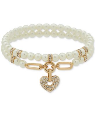 Anne Klein - Gold-Tone Imitation Pearl & Pav&eacute; Heart Charm Beaded Double Row Stretch Bracelet
