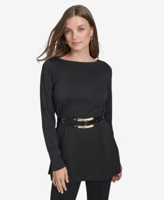 Halston - Women's Logo Belt Boat-Neck Top