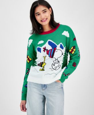 Hooked Up by IOT - Juniors' Snoopy and Woodstock Skiing Christmas Sweater