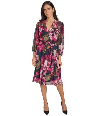 Calvin Klein - Women's Printed Surplice-Neck A-Line Faux-Wrap Dress