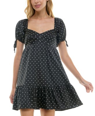Crystal Doll - Juniors' Dot Print Puff-Sleeve A-Line Dress