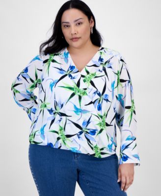 I.N.C. International Concepts - Plus Size Printed Surplice Long-Sleeve Blouse, Exclusively at Macy's