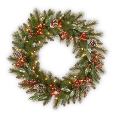 National Tree Company - 24" Frosted Pine Berry Collection Wreaths with   Cones, Red Berries, Silver Glittered Eucalyptus Leaves & Warm White Battery Operated LED Lights w/Timer