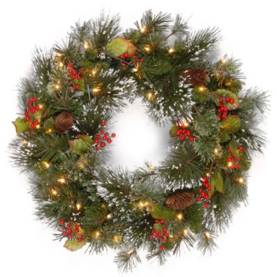 National Tree Company - 24" Wintry Pine Wreath with Cones, Red Berries, Snowflakes with 50 Battery Operated soft White LED Lights