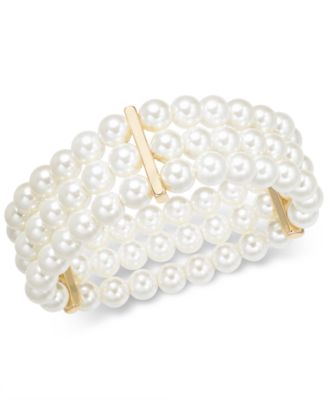 Charter Club - Gold-Tone Imitation Pearl Triple-Row Stretch Bracelet