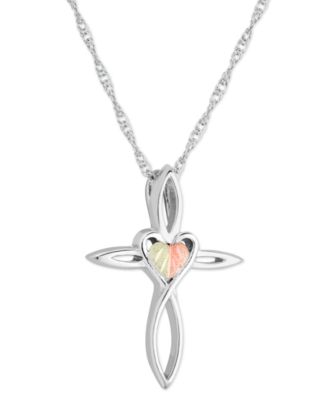 Black Hills Gold - Cross Pendant 18" Necklace in Sterling Silver with 12K Rose and Green Gold Details