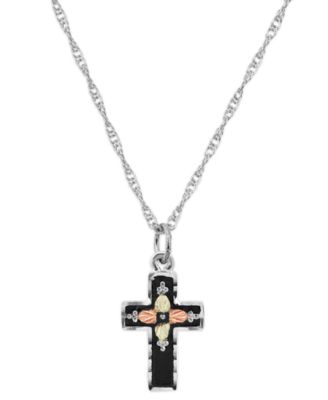 Black Hills Gold - Cross Pendant 18" Necklace in Sterling Silver with 12K Rose and Green Gold