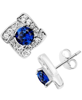 Essentials - Blue Glass & Cubic Zirconia Square Halo Stud Earrings in Fine Silver-Plate