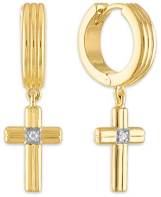Esquire Men's Jewelry - Diamond Accent Cross Drop Hoop Earrings in 14k Gold-Plated Sterling Silver, Sterling Silver or Black Ruthenium over silver