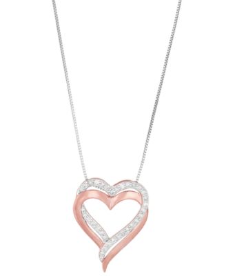 Macy's - Diamond Double Heart 18" Pendant Necklace (1/4 ct. t.w.) in Sterling Silver & 14k Rose Gold-Plate