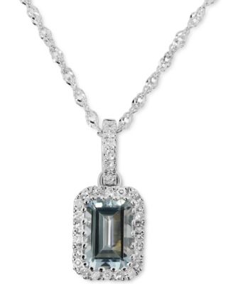 Macy's - Aquamarine (1/2 ct. t.w.) & Diamond (1/10 ct. t.w.) Rectangle Pendant Necklace in 14k White Gold, 16" + 2" extender