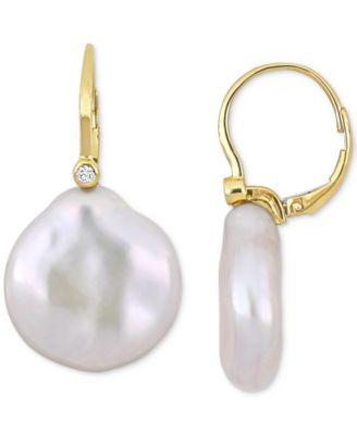 Macy's - Cultured Freshwater Button Pearl (17-1/2 - 18mm) & Diamond (1/20 ct. t.w.) Leverback Drop Earrings in 14k Gold