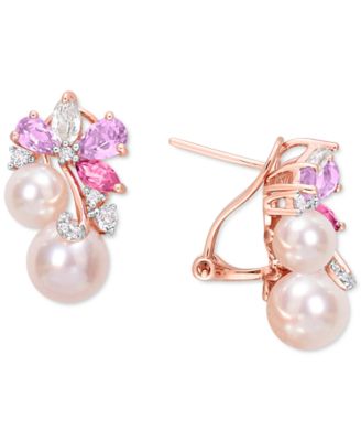 Macy's - Pink Cultured Freshwater Pearl (6 & 8mm) & Multi-Gemstone (2-3/8 ct. t.w.) Flower Cluster Stud Earrings in 18k Gold-Plated Sterling Silver