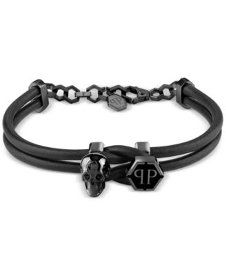 Philipp Plein - Black-Tone Stainless Steel 3D $kull & Logo Leather Flex Bracelet