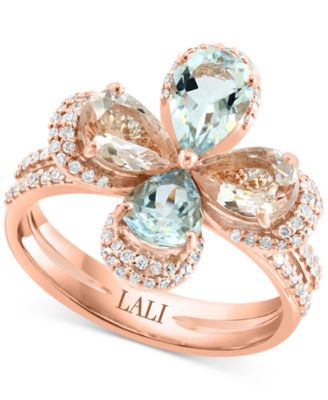 LALI Jewels - Morganite (1-1/3 ct. t.w.), Aquamarine (1-1/4 ct. t.w.), & Diamond (1/3 ct. t.w.) Flower Ring in 14k Rose Gold