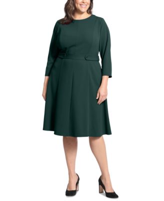 London Times - Plus Size 3/4-Sleeve Tab-Waist Fit & Flare Dress
