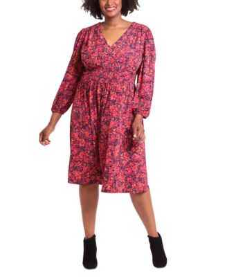 London Times - Plus Size Smocked-Trim Long-Sleeve Dress