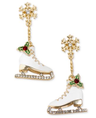 Holiday Lane - Gold-Tone Crystal Snowflake & Skate Drop Earrings
