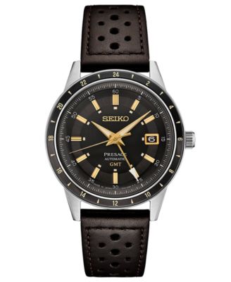 Seiko - Men's Automatic Presage GMT Brown Perforated Leather Strap Watch 41mm