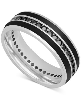 Macy's - Men's Black Sapphire (1-1/3 ct. t.w.) & Ceramic Stripe Band in Sterling Silver (Also in Lab-Created White Sapphire)