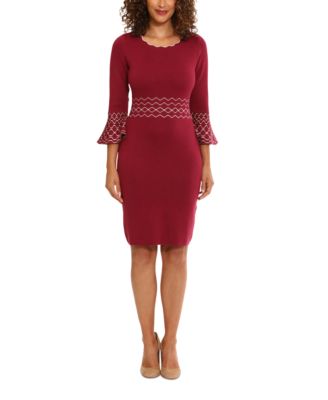 London Times - Women's Contrast-Stitch Bell-Sleeve Sweater Dress