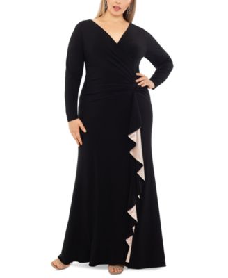 XSCAPE - Plus Size V-Neck Twist-Front Side-Ruffle Gown