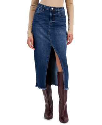 Celebrity Pink - Juniors' Denim Front-Slit Frayed-Hem Midi Skirt