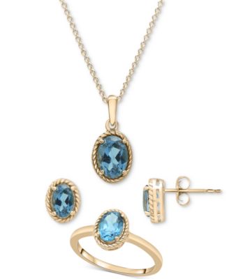 Macy's - 3-Pc. Set London Blue Topaz Pendant Necklace, Stud Earrings, & Matching Ring (3-1/8 ct. t.w.) in 14k Gold-Plated Sterling Silver