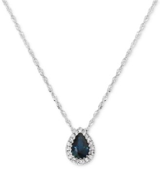 Macy's - Sapphire (1/2 ct. tw.) & Diamond (1/10 ct. t.w.) Pear Halo Pendant Necklace in 14k White Gold, 16" + 2" extender