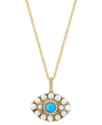 EFFY Collection - Turquoise, Freshwater Pearl (2 - 2-1/2mm) & Diamond (1/20 ct. t.w.) Evil Eye 18" Pendant Necklace in 14k Gold