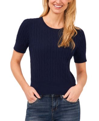 CeCe - Women's Cotton Cable-Knit Short-Sleeve Sweater