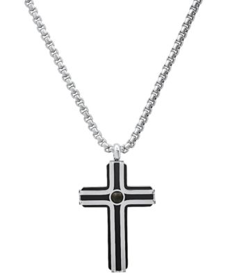 STEELTIME - Men's Silver-Tone Beaded Cross Pendant Necklace, 24"