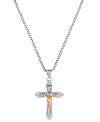 Blackjack - Men's Cubic Zirconia Two-Tone Crucifix Cross 24" Pendant Necklace in Stainless Steel & Gold-Tone Ion-Plate