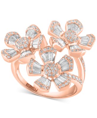 EFFY Collection - Diamond Round & Baguette Triple Flower Statement Ring (1-3/8 ct. t.w.) in 14k Rose Gold