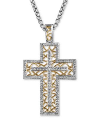 Macy's - Men's Diamond Lattice Openwork Cross 22" Pendant Necklace (1/2 ct. t.w.) in Sterling Silver & 18k Gold-Plate