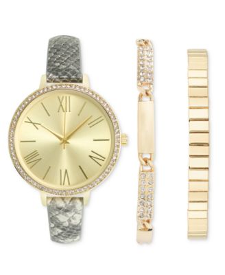 I.N.C. International Concepts - Women's Gray Python Print Strap Watch 37mm Set
