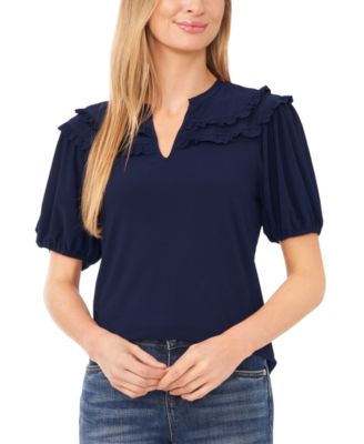 CeCe - Women's Solid Ruffled-Yoke Split-Neck Knit Top