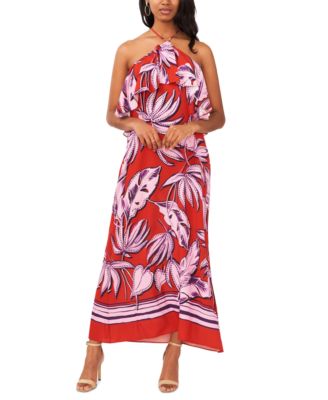 1.STATE - Women's Tropical Print Ruffled Halter Neck Maxi Dress