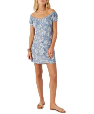 O'Neill - Juniors' Ellison Floral-Print Off-The-Shoulder Button-Down Dress