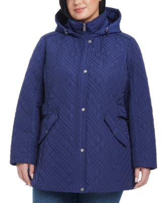 Jones New York - Plus Size Hooded Stand-Collar Quilted Coat