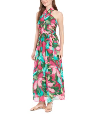 London Times - Women's Floral-Print Wrap-Neck Tie-Front Halter Maxi Dress