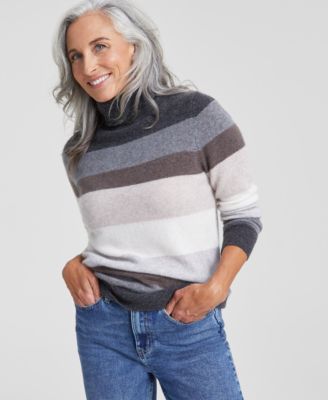 Charter Club - Women's Striped Cashmere Turtleneck Sweater
