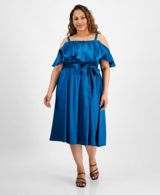 City Studios - Plus Size Ruffled Square-Neck Cold-Shoulder Midi Dress