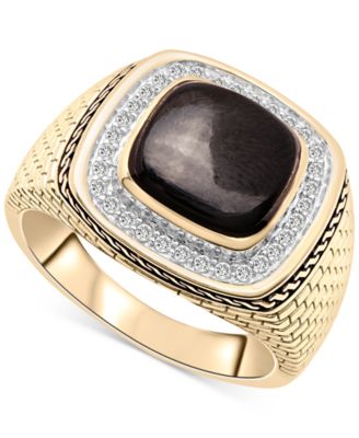 Macy's - Men's Onyx & Diamond (1/5 ct. t.w.) Brick Texture Ring in 14k Gold-Plated Sterling Silver
