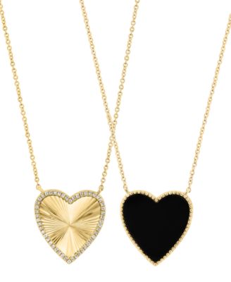 EFFY Collection - Onyx & Diamond (1/10 ct. t.w.) Heart Reversible 18" Pendant Necklace in 14k Gold