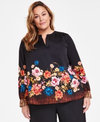 JM Collection - Plus Size Printed Satin Split-Neck Top
