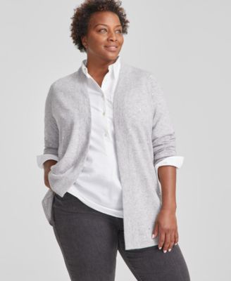 Charter Club - Plus Size Cashmere Rhinestone Open-Front Cardigan