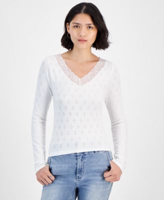 Sugar Moon - Juniors' Lace-Trim V-Neck Pointelle Knit Top